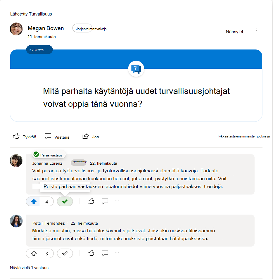 Parhaan vastauksen merkinnän poistaminen Yammer-kysymykseen