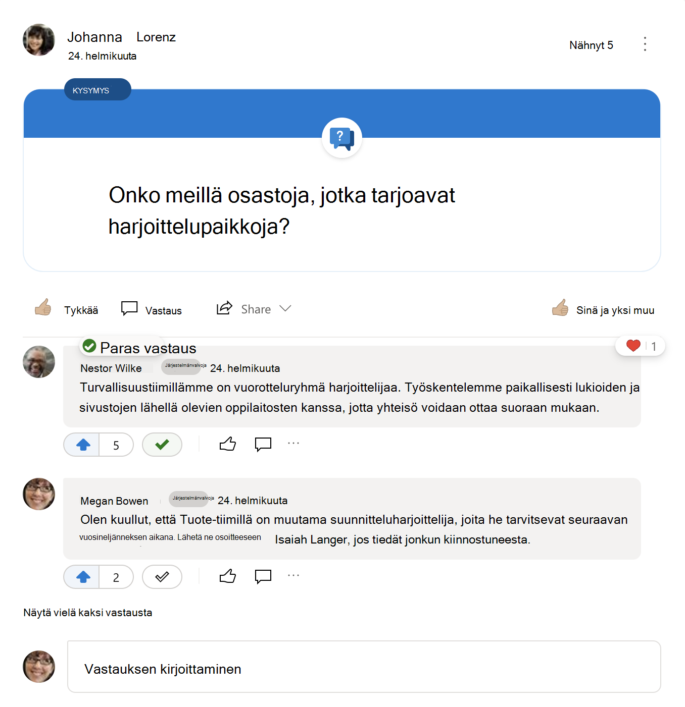 Paras vastaus Yammer-kysymykseen