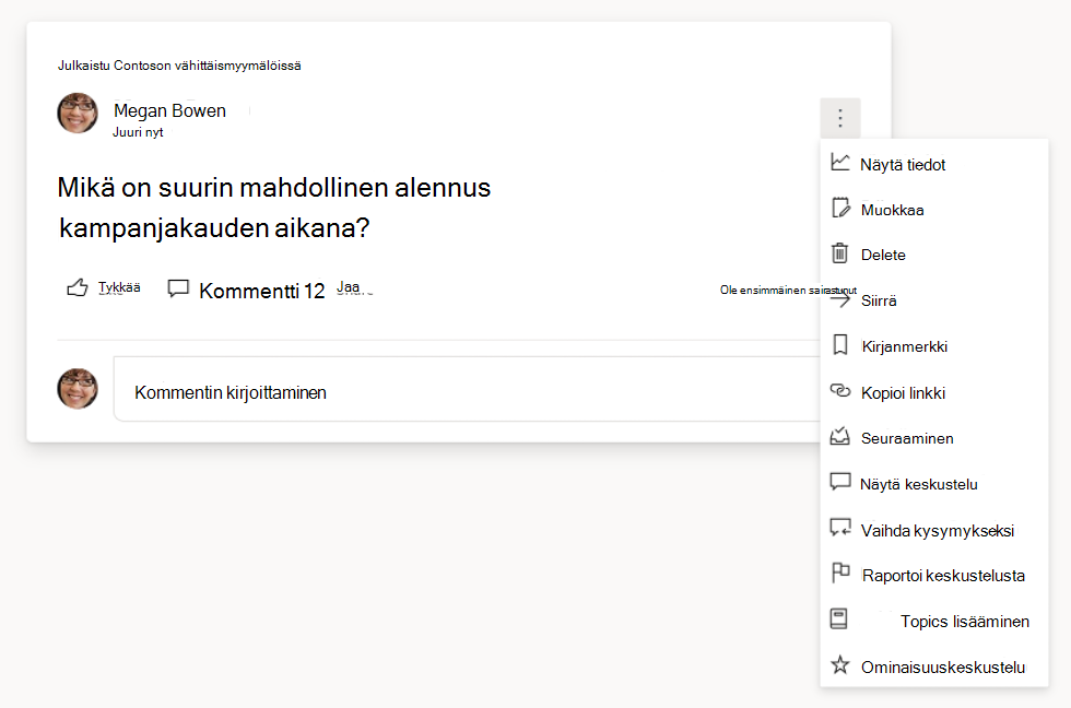 Näyttökuva, joka näyttää kysymys- ja keskusteluvaihtoehtoja