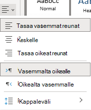 OneNoten verkkoversio tekstin tasaamisen valikko.