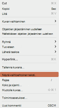 Näytä vaihtoehtoinen teksti -vaihtoehto PowerPoint for Mac pikavalikossa.