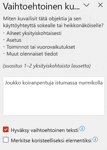 Automaattisesti luotu vaihtoehtoinen teksti Vaihtoehtoinen teksti -ruudussa ja Hyväksy vaihtoehtoinen teksti -valintaruutu valittuna.