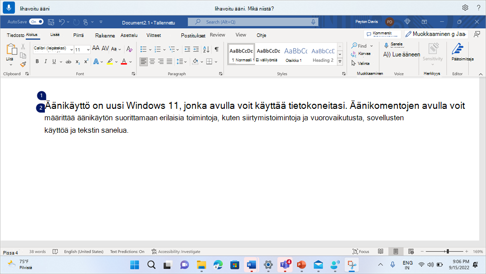 Word asiakirja, jossa näkyy lihavoitu äänikomento.