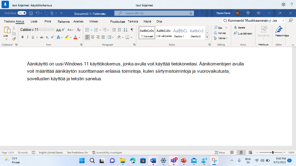 Word asiakirja, jossa näkyy äänikäyttökomento Isot kirjaimet.