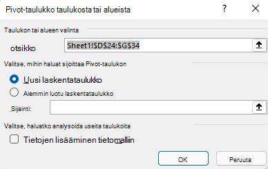 Luo Pivot-taulukko -valintaikkuna Excel for Windowsissa, jossa näkyy valittu solualue ja oletusasetukset.