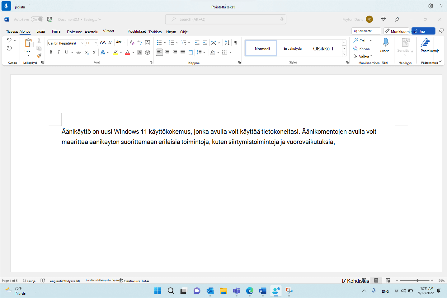 Word asiakirja, jossa näkyy äänikäyttökomento Poista se.