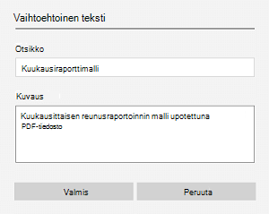 Esimerkki upotetun tiedoston vaihtoehtoisesta tekstistä OneNote for Windows 10.