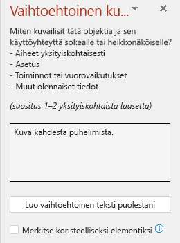 Vaihtoehtoinen tekstiruutu, jossa näkyy esimerkki huonosta vaihtoehtoisesta tekstistä.