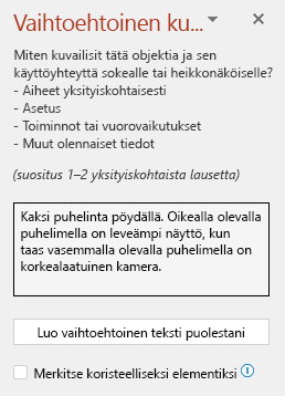Vaihtoehtoinen tekstiruutu, jossa on esimerkki hyvästä vaihtoehtoisesta tekstistä.