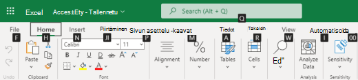 Valintanauhavälilehden näppäinvihjeet Excelin verkkoversiossa.