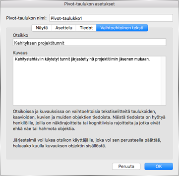 Excelin Pivot-taulukon Vaihtoehtoinen teksti -valintaikkuna.