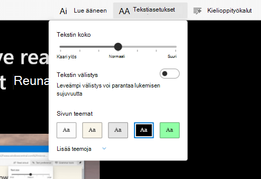 Microsoft Edgessä aktivoitu syventävä lukuohjelmanäkymä, jossa näkyvät näkymävalikot.