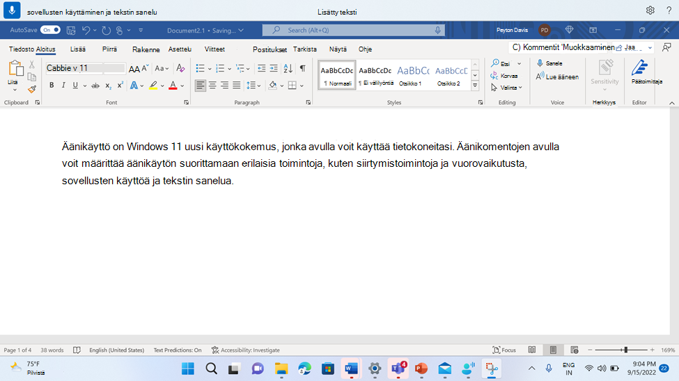 Word asiakirja, jossa näkyy tekstin lisäyskomento.