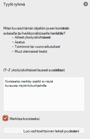 Merkitse koristeeksi -valintaruutu valittuna PowerPoint for Mac vaihtoehtoisen tekstin ruudussa.