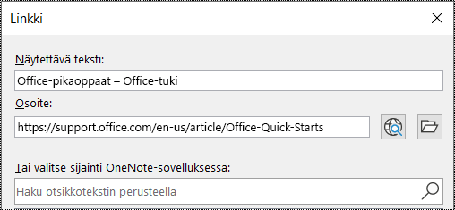 Näyttökuva OneNoten Linkki-valintaikkunasta. Kaksi täytettävää kenttää: Näytettävä teksti ja Osoite.