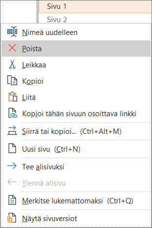 Sivun poistaminen OneNote for Windows -ikkunassa