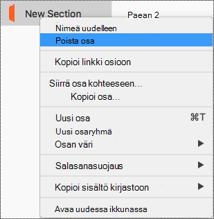 Osan pikavalikko Macissa, jossa Poista osa on korostettuna.