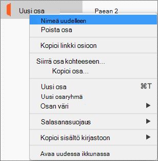 Osan pikavalikko, jossa Nimeä osa uudelleen on korostettuna.