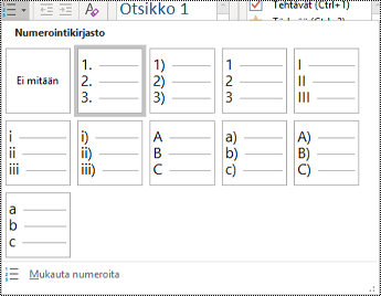 Näyttökuva Numeroitu luettelo -vaihtoehdosta Aloitus-valikossa.