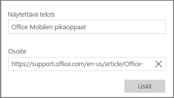 Näyttökuva valintaikkunasta, jossa lisätään hypertekstilinkki OneNote for Windows 10:ssä.