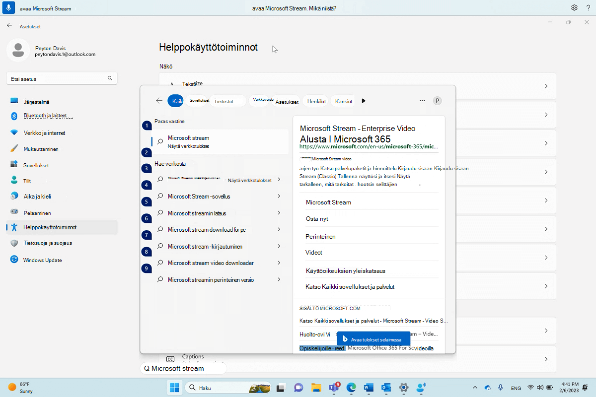 Valintaikkuna Microsoft Stream avaamiseen Windowsin äänikäyttötoiminnolla.