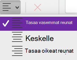 OneNote for Mac Kappaleen tasaus -valikko.