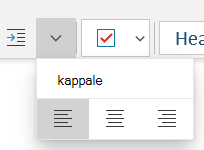 Kappale-valikko, jossa näkyvät onenote for Windows 10 käytettävissä olevat asetukset.