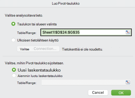 Luo Pivot-taulukko -valintaikkuna Macissa.