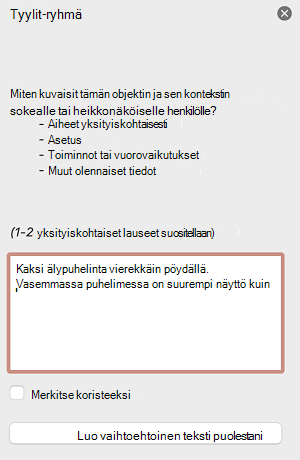 PowerPoint for Mac Vaihtoehtoinen teksti -ruutu.