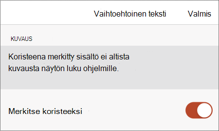Merkitse koristeeksi -asetus valittuna PowerPoint for iOS:n Vaihtoehtoinen teksti -valintaikkunassa.