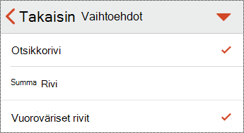 Taulukon otsikkovalikko PowerPoint for iOS:ssä.