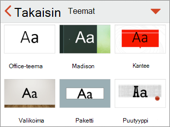 PowerPoint for iOS:n Teemat-valikko.
