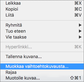 Muokkaa vaihtoehtoista tekstiä -asetus PowerPoint for Macin pikavalikossa