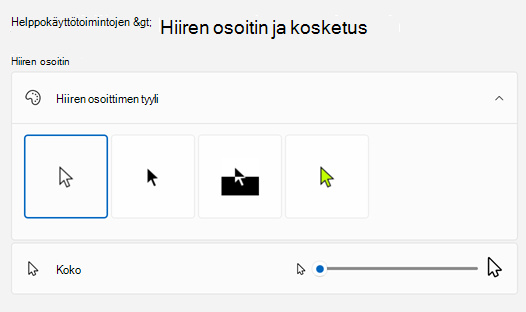Hiiren osoitin & kosketusasetuksissa