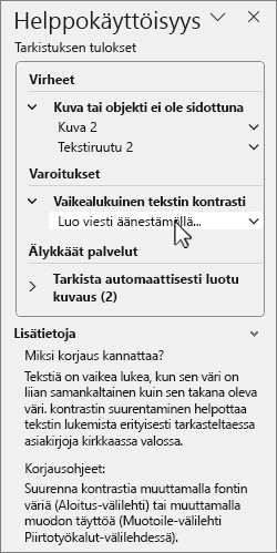 Helppokäyttötoiminnot-ruutu, jossa on tarkistuksen tulokset