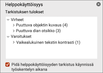 Tarkistuksen tulokset -ruutu
