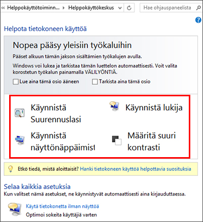 Windowsin Helppokäyttökeskuksen valintaikkuna, josta voit valita haluamasi käyttöä helpottavat toiminnot