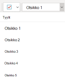 Tyylit-valikko, jossa näkyy eri otsikkotyylejä OneNote for Windows 10.