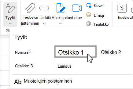 Outlookin verkkoversio Tyylit-valikko.