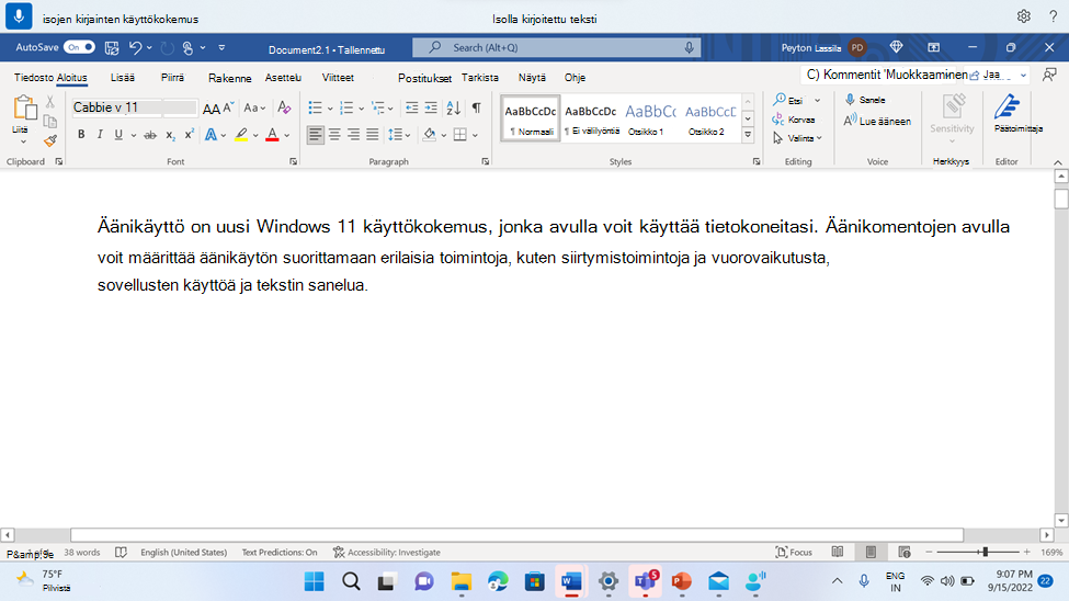 Word asiakirja, jossa näkyy äänikäyttökomento Isolla.