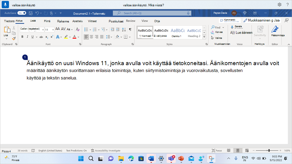 Word asiakirja, jossa näkyy äänikäyttö ja jossa käyttäjää pyydetään valitsemaan yksi monista.