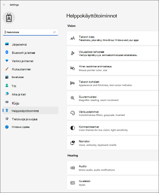 Windows 11:n helppokäyttöasetukset