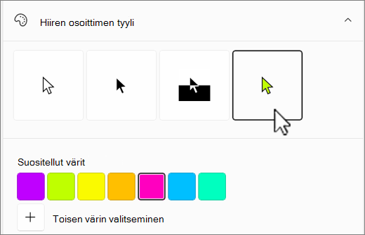 Windowsin hiiren osoittimen asetukset ja mukautettu väri valittuna.