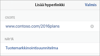Linkki-komento, jossa näkyy URL-osoite ja näytettävä teksti