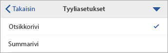 Tyyliasetukset-komento laajennettuna otsikkorivi valittuna