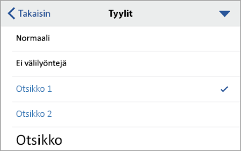 Tyylit-komento, jossa Otsikko 1 on valittuna