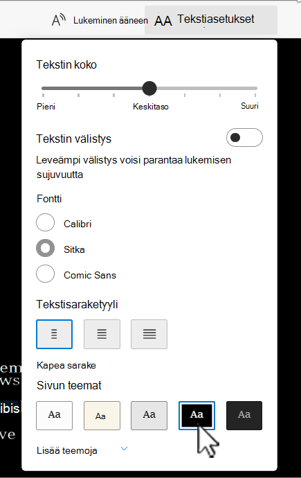 Syventävä lukuohjelma tekstiasetusten asetukset Word