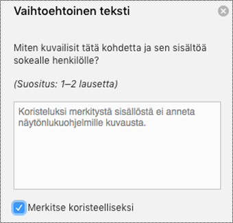 Merkitse koristeelliseksi elementiksi -valintaruutu valittuna Word for Macin Vaihtoehtoinen teksti -ruudussa.