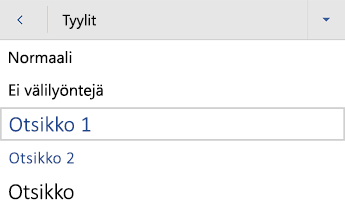 Word for Android otsikkotyylivalikko