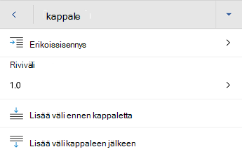 Word for Android kappaleen muotoiluvalikko